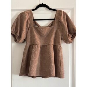 Mine Textured Floral Puff Sleeve Peplum‎ Top L